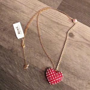 Betsey Johnson Gold Tone XOXO Red Heart Pendant Necklace Crystal Chain Accent